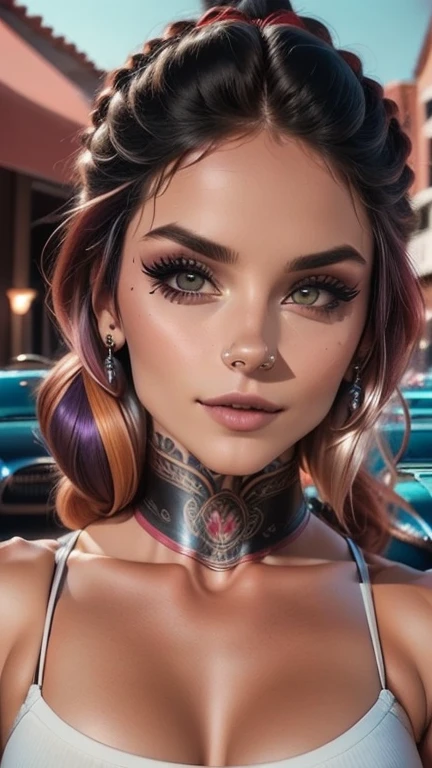 neckline,(masterpiece, Best Quality), 1 girl, beautiful face, hands, shirt, braid, braided ponytail, collared shirt, white shirt, tie ,red purple eyes, Jinx cries in front of the camera., Blue cloud tattoo, (masterpiece, Best Quality), side lighting, beautiful detailed eyes, sad face), (Best Quality), (masterpiece), magic photography, dramatic lighting, photorealism, ultra detailed, intimate portrait composition, Leica 50mm, formula 1. 4,8k hd, DSLR, Aesthetic,  TSD., High resolution, 8k, better lighting, best shadow, ultra HD, High resolution, sharp focus, Complicated background, cinematic lighting, ((Landscape view)), 4k unit, (better lighting), ((cinematic lighting)),