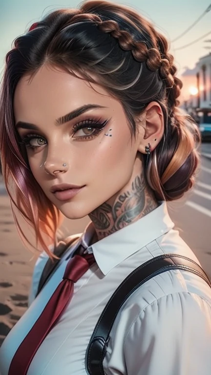 neckline,(masterpiece, Best Quality), 1 girl, beautiful face, hands, shirt, braid, braided ponytail, collared shirt, white shirt, tie ,red purple eyes, Jinx cries in front of the camera., Blue cloud tattoo, (masterpiece, Best Quality), side lighting, beautiful detailed eyes, sad face), (Best Quality), (masterpiece), magic photography, dramatic lighting, photorealism, ultra detailed, intimate portrait composition, Leica 50mm, formula 1. 4,8k hd, DSLR, Aesthetic,  TSD., High resolution, 8k, better lighting, best shadow, ultra HD, High resolution, sharp focus, Complicated background, cinematic lighting, ((Landscape view)), 4k unit, (better lighting), ((cinematic lighting)),