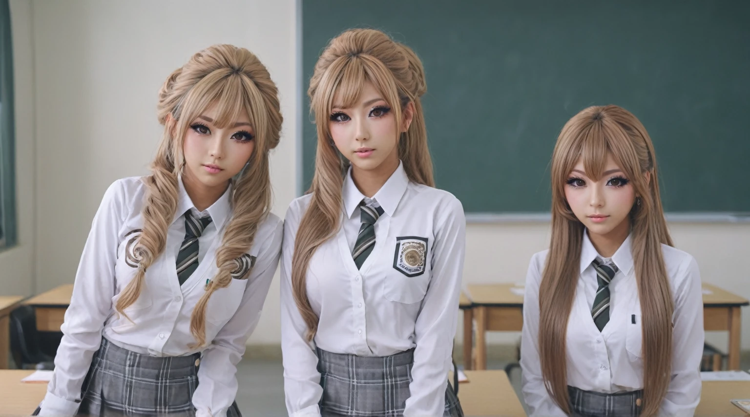 A photorealistic full body portrait of three gyaru girls in student uniform at classroom, beautiful detailed eyes, beautiful detailed lips, extremely detailed eyes and face, long eyelashes, highly detailed , dynamic pose, cinematic lighting, photorealistic, 4k, 8k, highres, masterpiece, ultra-detailed, realistic, vivid colors, professional