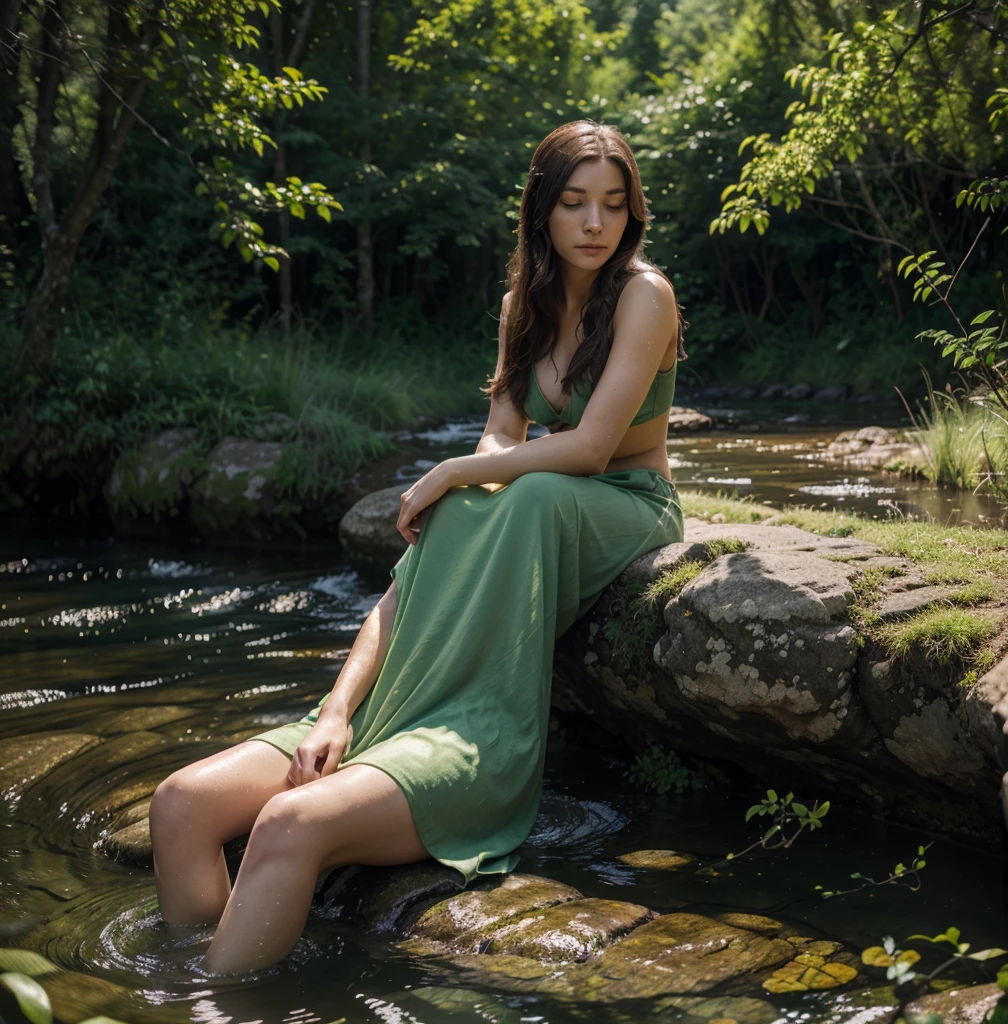 a beautiful woman sitting in a river, long flowing hair, peaceful expression, sunlight filtering through the water, lush green foliage surrounding the scene, realistic, photorealistic, photo-realistic:1.37, 8k, masterpiece:1.2, highly detailed, cinematic lighting, serene, tranquil, idyllic