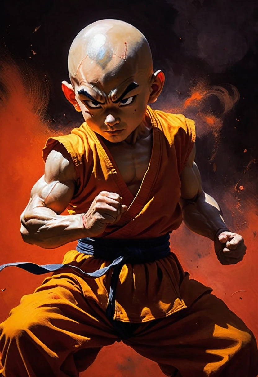Little Shaolin monk Krillin from Dragon Ball. In the style of Stephen Gammell, Frank Frazetta. Ashley Wood is a masterpiece. Best quality. Beautiful cinematic impressionistic painting, dark scarlet background, chemiluminescence. (anime Dragon Ball (Kurilin) fairytale background) (Minimalism:1), original details. Ideal body anatomy.