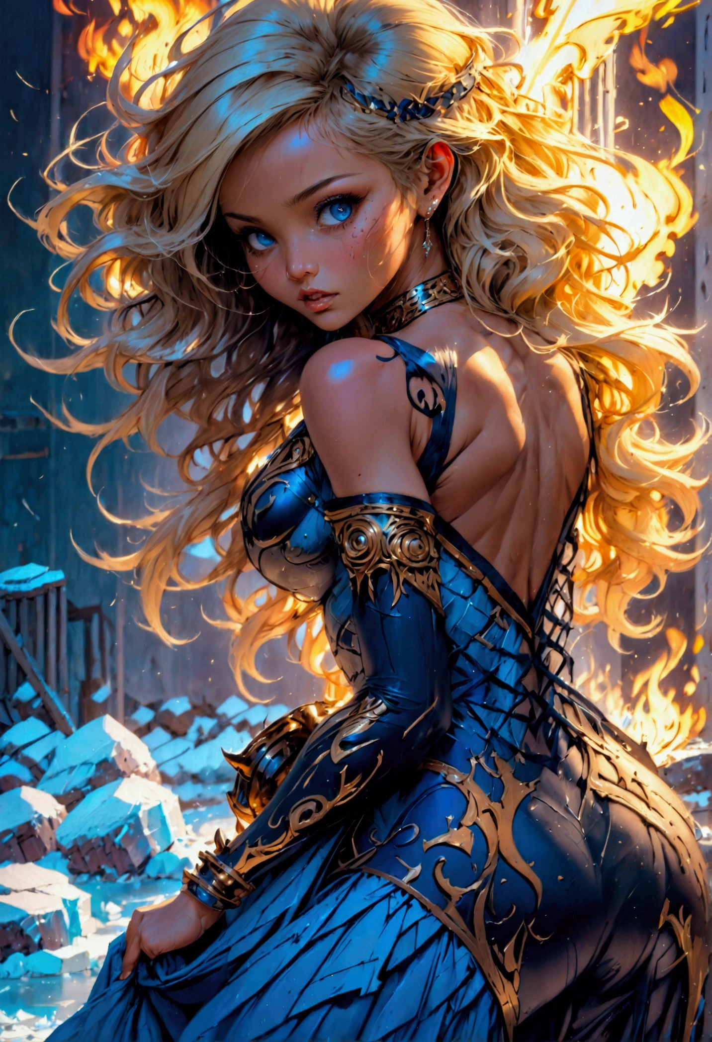 a glamour picture shot, of an elite model covered in fire walking on a icy catwalk, an extraordinary glamourous elite female model, ((full body: 1.5)),  ((anatomically correct: 1.5), (ultra detailed face: 1.2), best detailed face, blond hair, long hair, lush hair, glam hair cut, blue eyes, delicate face, light make up, wearing intricate detailed dress, glamour dress, haute couture dress, elite fashion dress, FireMagicAI,  small cleavage, busty wearing high heels, elegant high heels, she wears diamond necklace, she is covered in fire, she walks on an icy catwalk, image reflecting in the ice IceMagicAI, elite fashion show background, vibrant, Hyperrealism style, vibrant, Ultra-high resolution, High Contrast, (masterpiece:1.5), highest quality, Best aesthetics), best details, best quality, highres, ultra wide angle, 16k, [ultra detailed], masterpiece, best quality, (extremely detailed) RAW, FireMagicAI, IceMagicAI, Dark Art Painting Style, magical