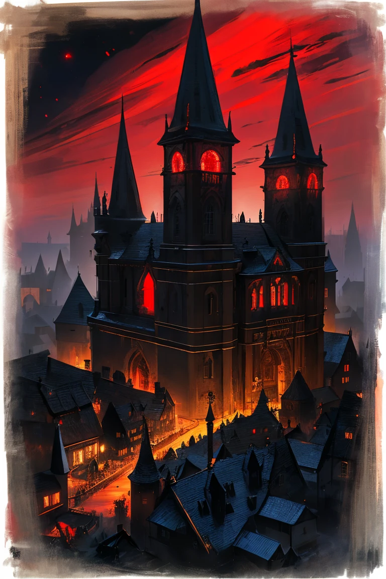 old European village shot with bird view, (Red glowing eyes), masterpiece, Depth of written boundary, Lutz, Gwaites style artwork, Gothic aesthetics, Dark Vampire village, ((in the dark gothic style cathle:1)), ((dark mid-night time:1.5)),