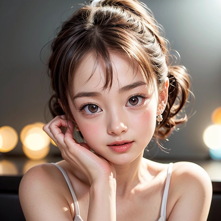 (Extremely Detailed ((Personification as a 12yo KAWAII girl of " Audrey Hepburn ")) with Characteristics Items), High-level, 8K Masterpiece TopQuality Ultra-detailed CG, Absurd detailed wallpaper, PerfectLighting, aesthetic LifeLike Rendering, MysticSight, Haze Tyndall Scattering, (Studio GRAY Background with (Oodles Dazzling RainbowColorParticles (BokeH))), ((Assfocus) RoundlyButts ThighGap), (Exposed:0.5) 🔞 BREAK (Acutance:0.8), (NOGIZAKA FaceVariations) Extremely Detailed very KAWAII FaceVariations, Childish CaptivatingGaze Detailed Reflective Eyes with (SparklingHighlights:1.28), Detailed (Voluminous LongEyelashes:0.88)、Glossy RedLips with beautiful details, Kissable tongue, RosyCheeks, Radiant PearlSkin with Transparency, Glowing DowneyHair . { (Dynamic LifeLike expressions:1.4) | (:d) }, (large eyes:-1) .