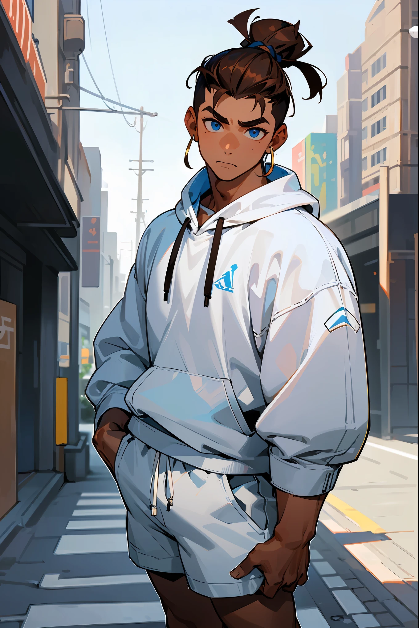 1male, ager, muscle, muscular, (brown hair, top knot, undercut hair,) deep blue eyes, calm expression, (white sweatshirt, white shorts, white jordans,) (dark skin, black skin,) standing on path, hands to side, city background, detailed background, detailed face