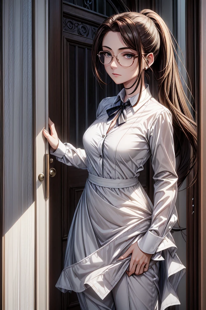 (masterpiece, best quality:1.2), detailed face, detailed eyes, elegant woman, long hair, high heeled, shiny skin, welcomes you at the door, dress shirt, pants, random collar, ponytail hair, cool attitude, cool glasses, exciting, cool, (perfect hands:1)
