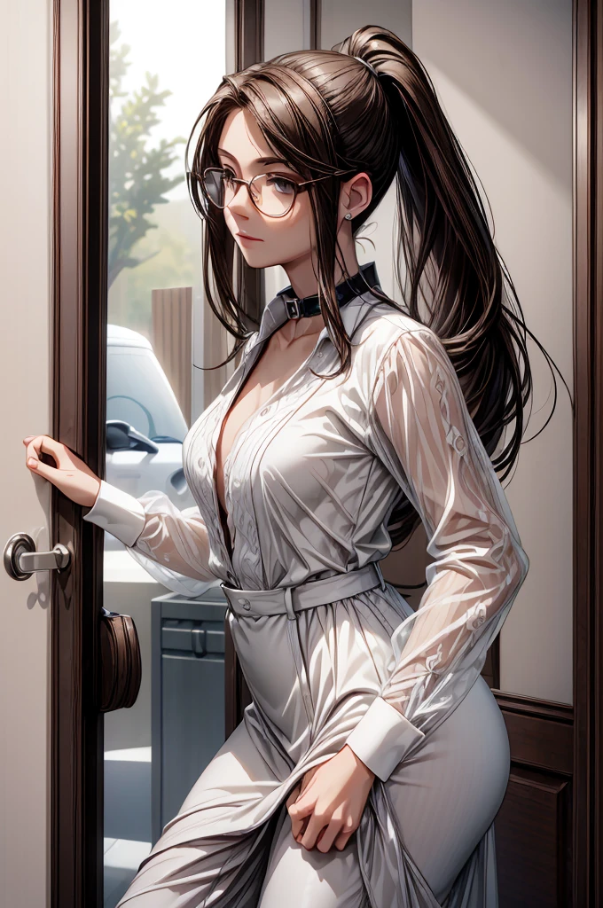 (masterpiece, best quality:1.2), detailed face, detailed eyes, elegant woman, long hair, high heeled, shiny skin, welcomes you at the door, dress shirt, pants, random collar, ponytail hair, cool attitude, cool glasses, exciting, cool, (perfect hands:1)