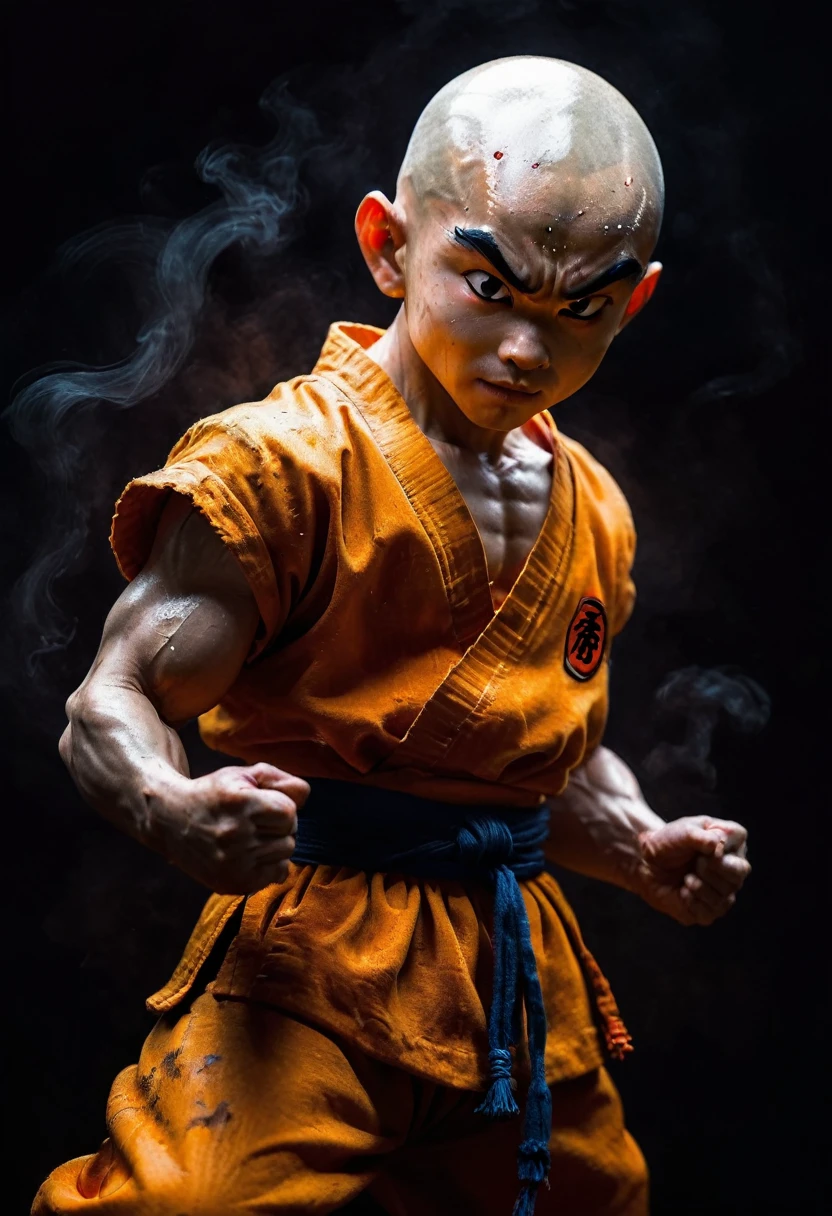 Little Shaolin monk Krillin from Dragon Ball. In the style of Stephen Gammell, Frank Frazetta. Ashley Wood is a masterpiece. Best quality. Beautiful cinematic impressionistic painting, dark scarlet background, chemiluminescence. (anime Dragon Ball (Kurilin) fairytale background) (Minimalism:1), original details. Ideal body anatomy.