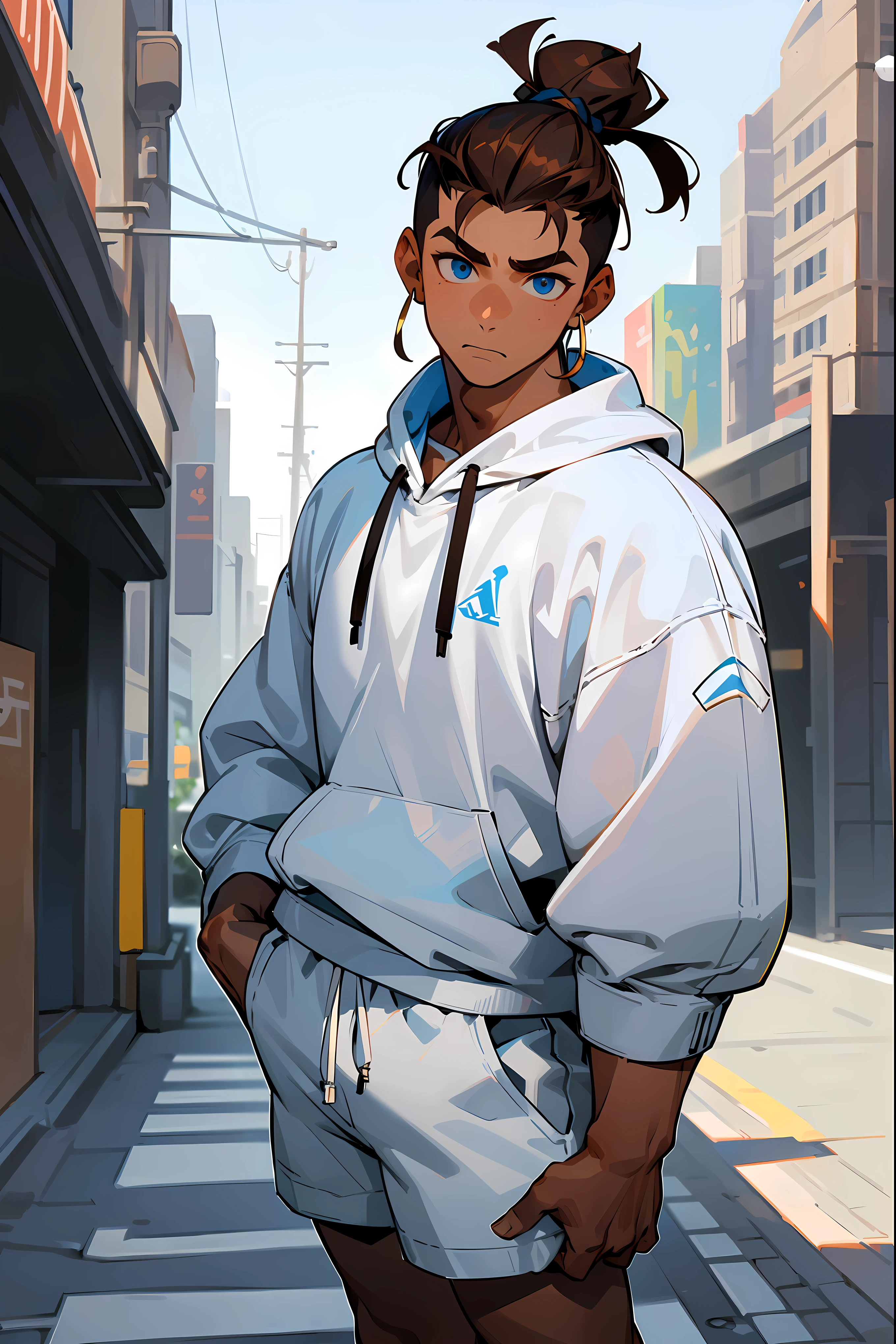 1male, teenager, muscle, muscular, (brown hair, top knot, undercut hair,) deep blue eyes, calm expression, (white sweatshirt, white shorts, white jordans,) (dark skin, black skin,) standing on path, hands to side, city background, detailed background, detailed face