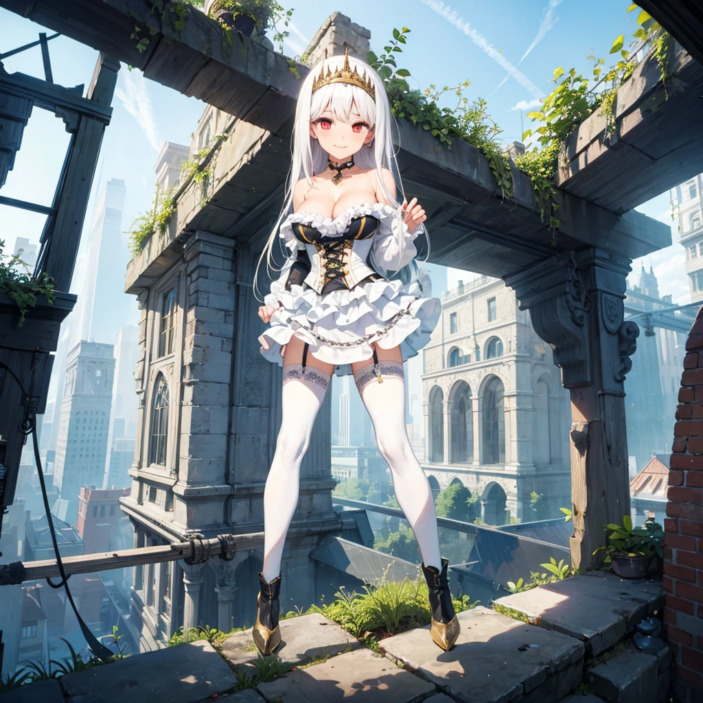 solo, standing skinny girl, long white hair, (white frilled white dress), (very short dress), white frilled tops, sheer dress, bared shoulders, too tight corset, white thighhighs, white thigh strap, BREAK, red eyes, BREAK, golden tiaras, BREAK, (show off large perky breasts), cleavage, collarbone, BREAK, skinny long legs, show off thigh gap, BREAK, smile for viewer, (nsfw:0.5), slipping vagina, areolae slip