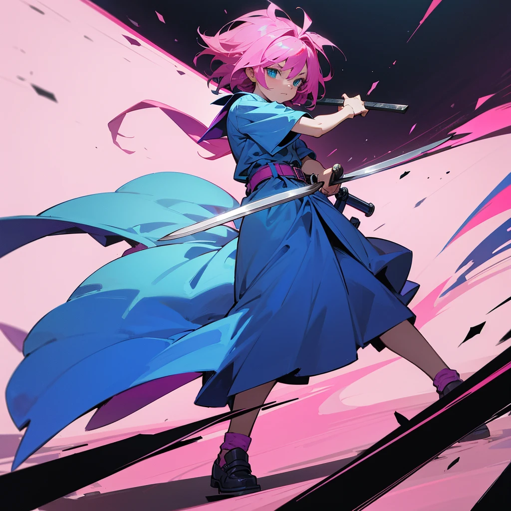 8 year old with big pink hair wearing long blue dress with belt , using bolts and holding a machete , anime manga style