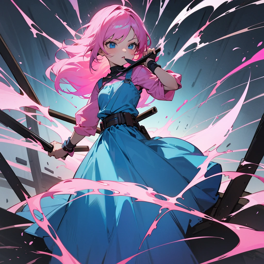  8 year old with big pink hair wearing long blue dress with belt , using bolts and holding a machete , anime manga style