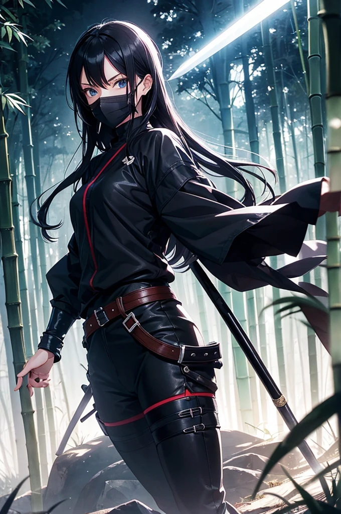 anime, female, ninja, bamboo forest, black hair, half mask, piercing blue eyes, night time, fog, sword, worn black leather clothing,