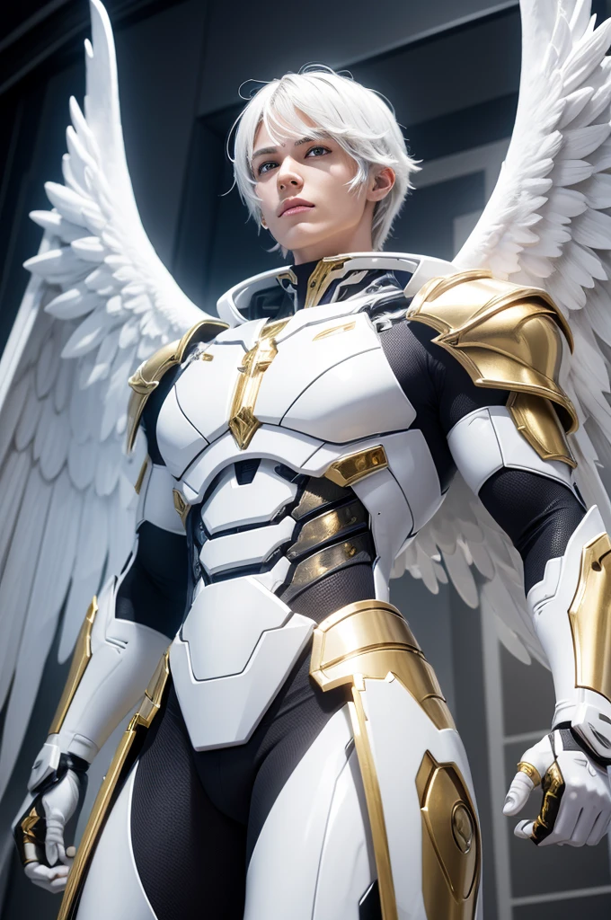create an angelic place a white cyborg angel with gold his armor from the future