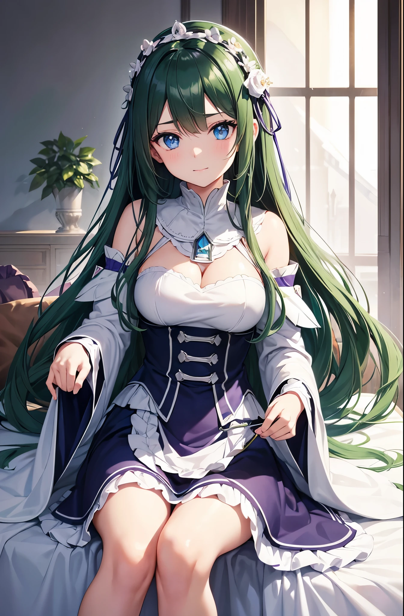 Blue eyes, dark dark green hair, dark hair color, voluminous dark green hair, voluminous dark green hair, long straight hair, small breasts, strong gaze, looking at me shyly, sparkling eyes, dress like Emilia from "Re:Zero kara Hajimei", white armored Dress, large white cape with one-pointed purple pattern on white background, purple hairpin, dark room with sofa, face in focus, fresh smile, big droopy eyes, blue eyes, cute expression