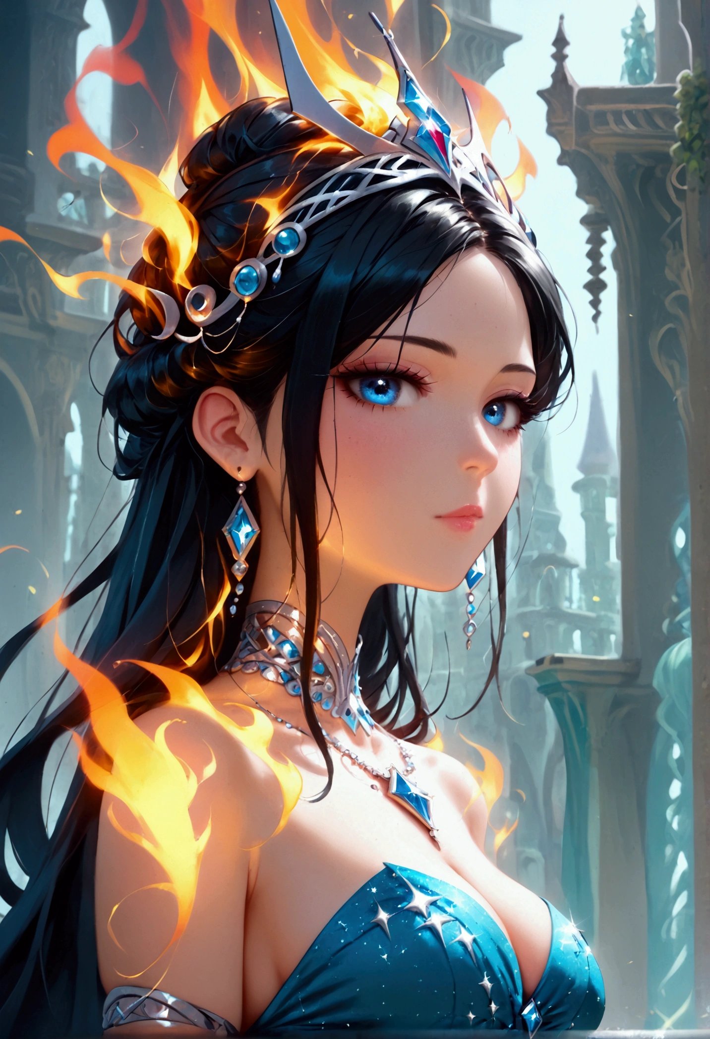 a glamour picture shot, of an elite model covered in fire walking on a icy catwalk, an extraordinary glamourous elite female model, ((full body: 1.5)),  ((anatomically correct: 1.5), (ultra detailed face: 1.2), best detailed face, black hair, long hair, lush hair, glam hair cut, blue eyes, delicate face, light make up, wearing intricate detailed dress, glamour dress, haute couture dress, elite fashion dress, dynamic color dress,  FireMagicAI,  small cleavage, busty wearing high heels, elegant high heels, she wears diamond necklace, she is covered in fire, she walks on an icy catwalk, image reflecting in the ice IceMagicAI, elite fashion show background, vibrant, Hyperrealism style, vibrant, Ultra-high resolution, High Contrast, (masterpiece:1.5), highest quality, Best aesthetics), best details, best quality, highres, ultra wide angle, 16k, [ultra detailed], masterpiece, best quality, (extremely detailed) RAW, FireMagicAI, IceMagicAI, Dark Art Painting Style