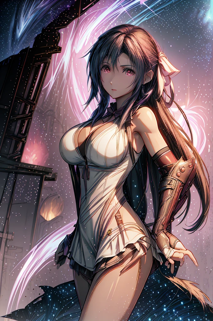 (8K HDR photorealistic pic:1.2), Tifa Lockhart, muscular, athletic, cheerful, toned body, (massive breasts), hourglass figure, fighter, long dark hair tied with ribbon at the end, ((Aerith costume, white dress, pink jacket)), seductive, red eyes, soft shadows, (masterpiece), Starry Sky with Mountains and Lake, Inspired by Jessica Rossier, Jessica Rossier Fantasy Art, Concept Art Magic Highlights, Official Artwork, ((hyperrealistic)), Ethereal Realm, Atmospheric artwork, dreamy matte paintings, serene endless stars inspired by Ted Nasmith, moonlit starry environments, epic music album covers.