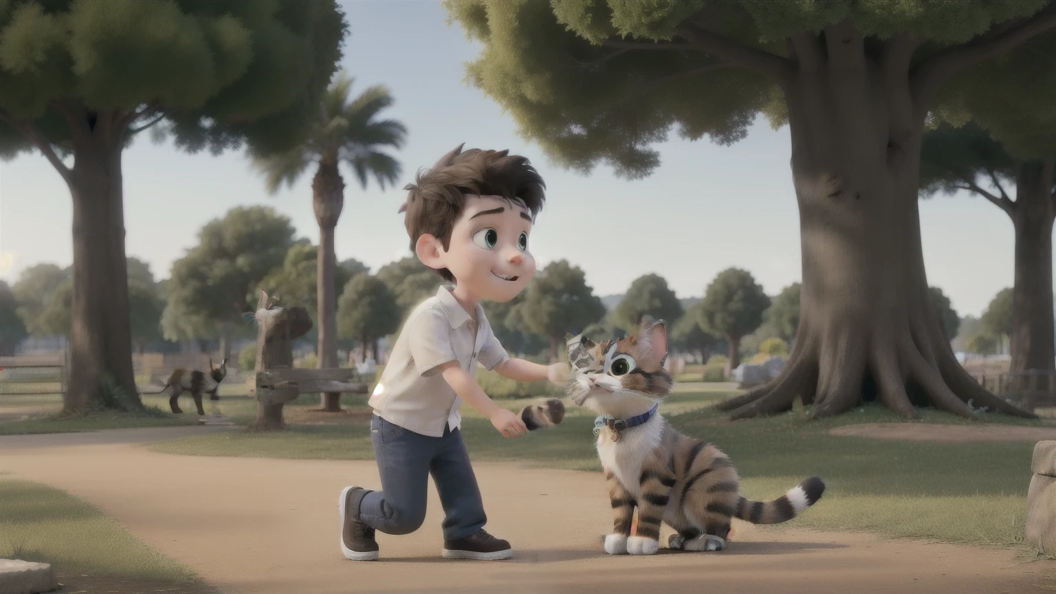 a boy finding a cat in a park, 1boy, cat, park, colorful, 8k