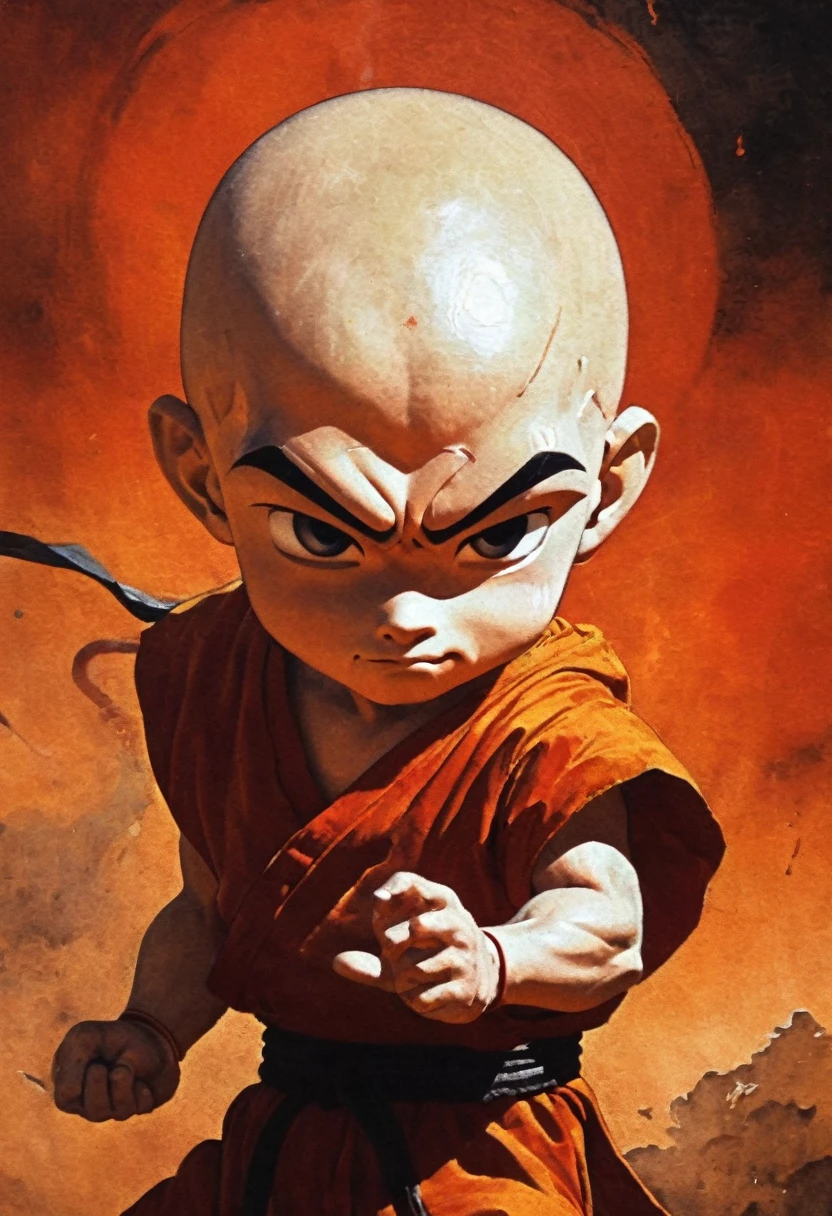 Anime character Little Shaolin Monk Krillin from Dragon Ball. In the style of Stephen Gammell, Frank Frazetta. Ashley Wood is a masterpiece. Best quality. Beautiful cinematic impressionistic painting, dark scarlet background, chemiluminescence. (anime Dragon Ball (Kurilin) fairytale background) (Minimalism:1), original details. Ideal body anatomy.