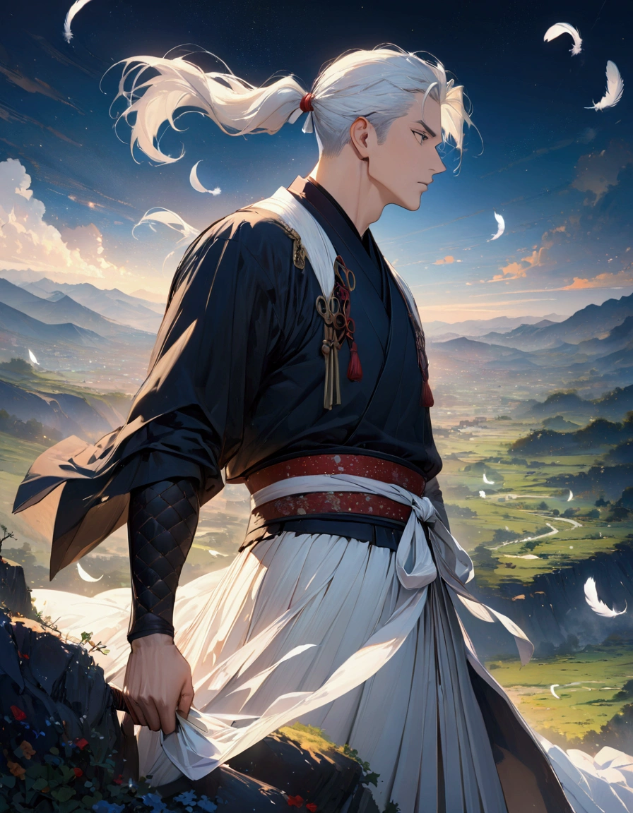 (masterpiece:1.3),(最high quality:1.4),(Very detailedな:1.5),High resolution,Very detailed,8k,artwork,High level of detail,rendering,high quality,Wide range of colors,Countless white feathers rain down,A breathtakingly beautiful nighttime space,Vivid light,((One Anime Guy))、(profile,Landscape),Cool handsome guy,Swordsman、(White Hair)、Long hair that reaches down to the waist is tied in a single ponytail、White Hakama、白いSwordsmanの服装、((samurai)),There's a sword on his waist、Looking up with a blank look。
