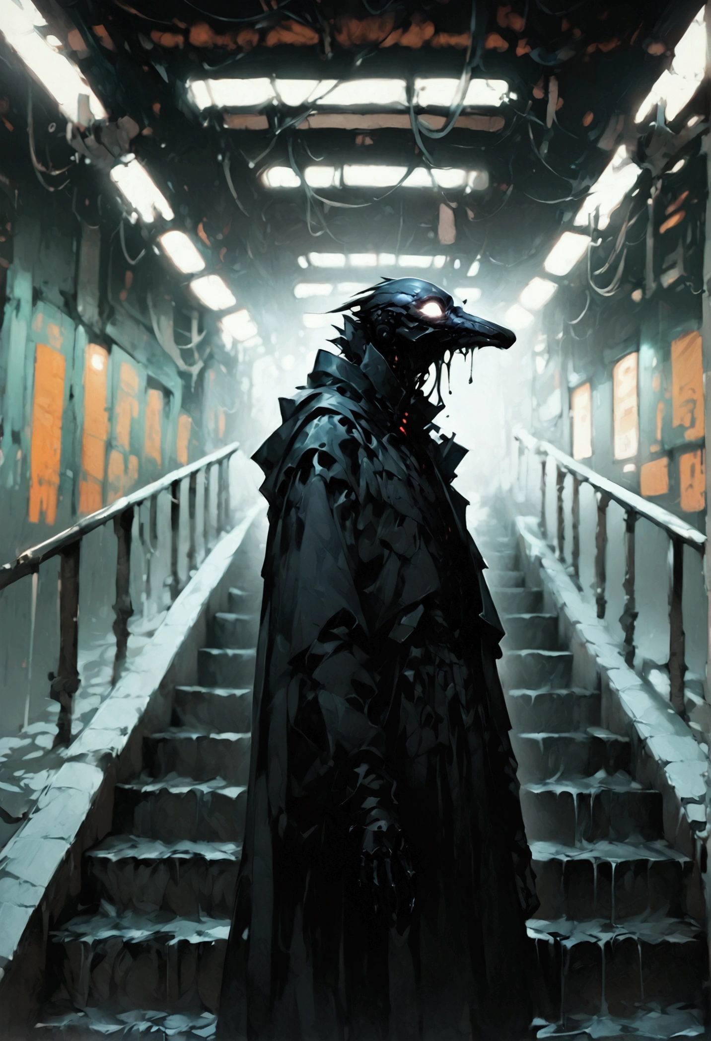 (score_9, score_8_up, score_7_up), zPDXL, 1 shadow, alone, looking at viewer, subway exit background, cyberpunk, abstract dark body, glowing white eyes, black face, black body, full body, his entire black body disembodied, going up the stairs, organic shadow, crows, humanoid figure wrapped in shadows, sinister and threatening figure, glowing eyes stand out in the darkness, almost amorphous dark silhouette, going up stairs, background with pipes and cyberpunk signs, ethereal almost liquid texture, it was made of a dark, viscous substance that drips and spreads, dark aura, black claws, seen from above,