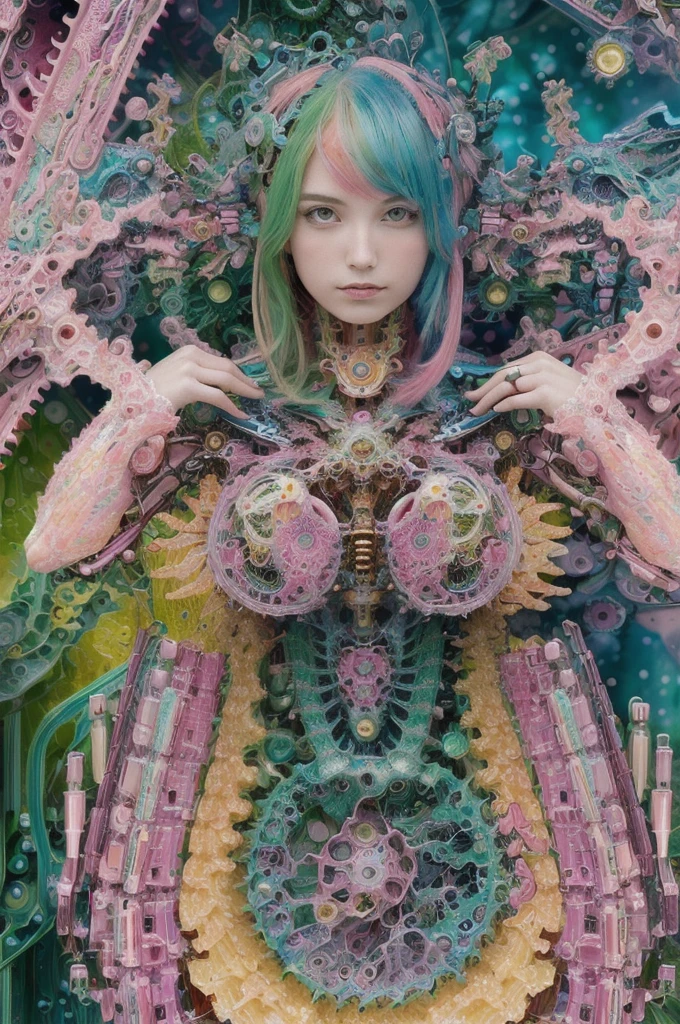 (masterpiece, Highest quality, Highest quality, Official Art, beautifully、aesthetic:1.2),(One girl:1.4),Upper Body,([pink|green] hair:1.5),Very detailed,(Fractal Art:1.3),(colorful:1.5),Most detailed,(Mechanical transformation:1.5),Surrounded by flowers