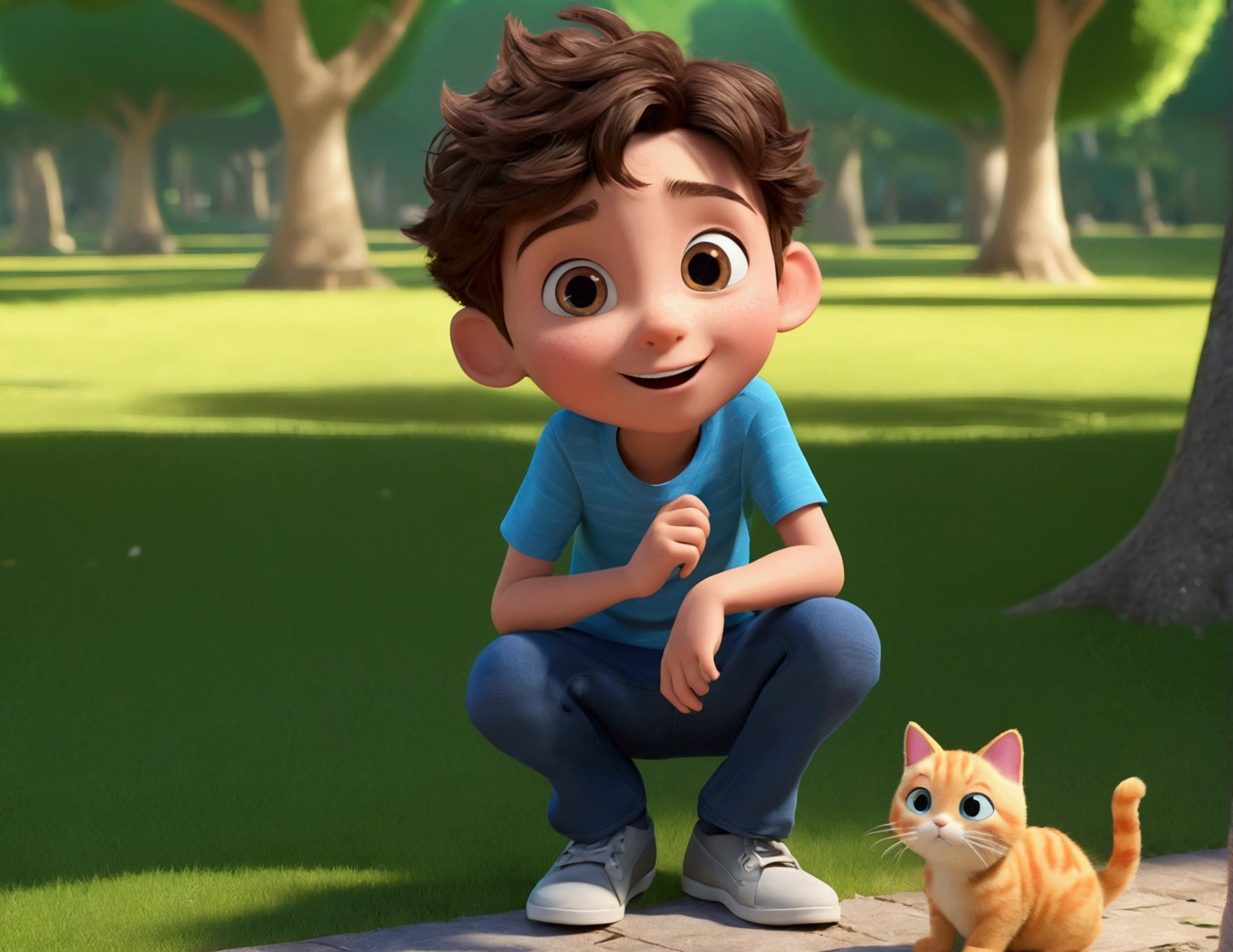 Personnage de dessin animé d&#39;a boy finding a cat in a park, 1boy, cat, park, colorful, 8k, personnage d&#39;animation, personnage stylisé, rendu du style d&#39;animation, stylisé en 3D, Rendu Arnold Maya, Rendu 3D stylisé, toon rendu keyshot, Personnage 3D, Personnage 3D, Rendu 3D stylisé, rendu de personnage 3D, personnage de dessin animé, Caractère gros plan, Pose du personnage,  (Style Pixar) (partie maîtresse:1.2) (bokeh) (Meilleure qualité) (peau détaillée) (texture détaillée) (8k) (argile) (Éclairage cinématographique) (netteté