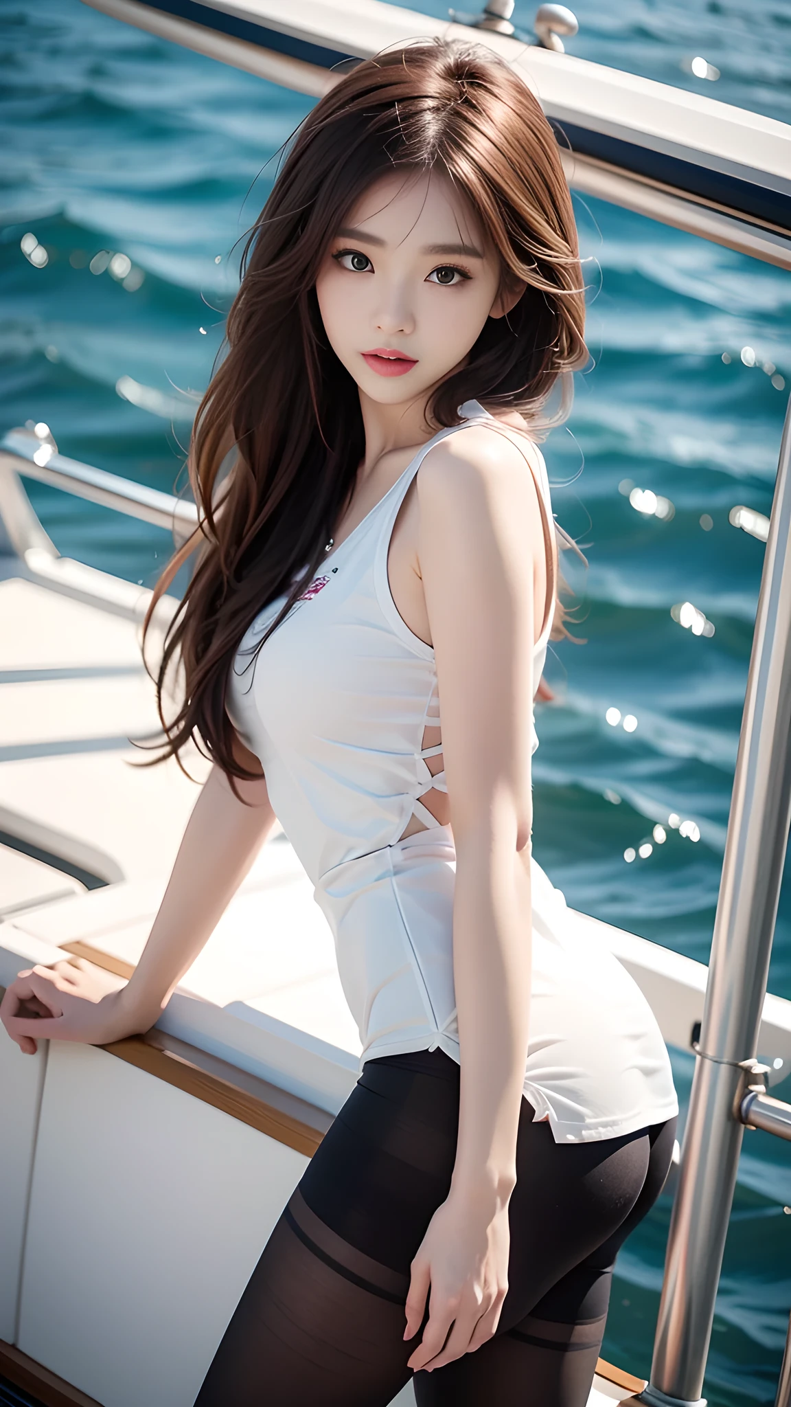 ulzzang-6500-v1.1, (RAW photo: 1.2), (Real photo), (Real photo: 1.4), 1 girl、Perfect anatomy、20 years old、Looking at the camera、Medium length hair、dress, skirt, on a boat, on the quiet sea there is only 1 boat, the waves are fierce, ((on a sailboat: 1.1))、(Hyperrealistic tights: 1.2), (Business service)、Asian eyes Ella,
