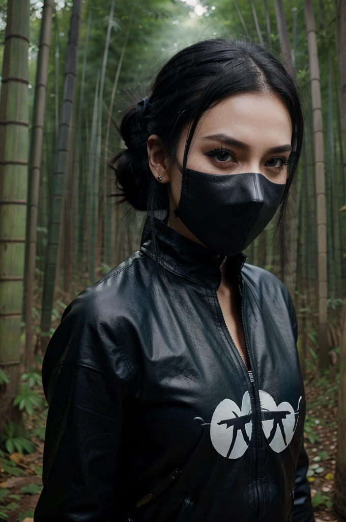 anime, female, ninja, bamboo forest, black hair tied back, half mask, piercing blue eyes, night time, fog, worn black leather clothing,