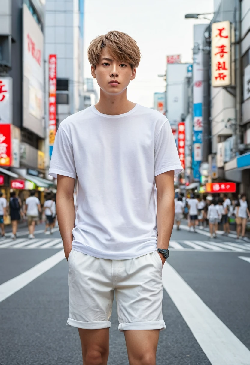 Create an ultra-realistic image of a young man with light eyes and short hair wearing an all-white shirt and shorts on the streets of Tokyo