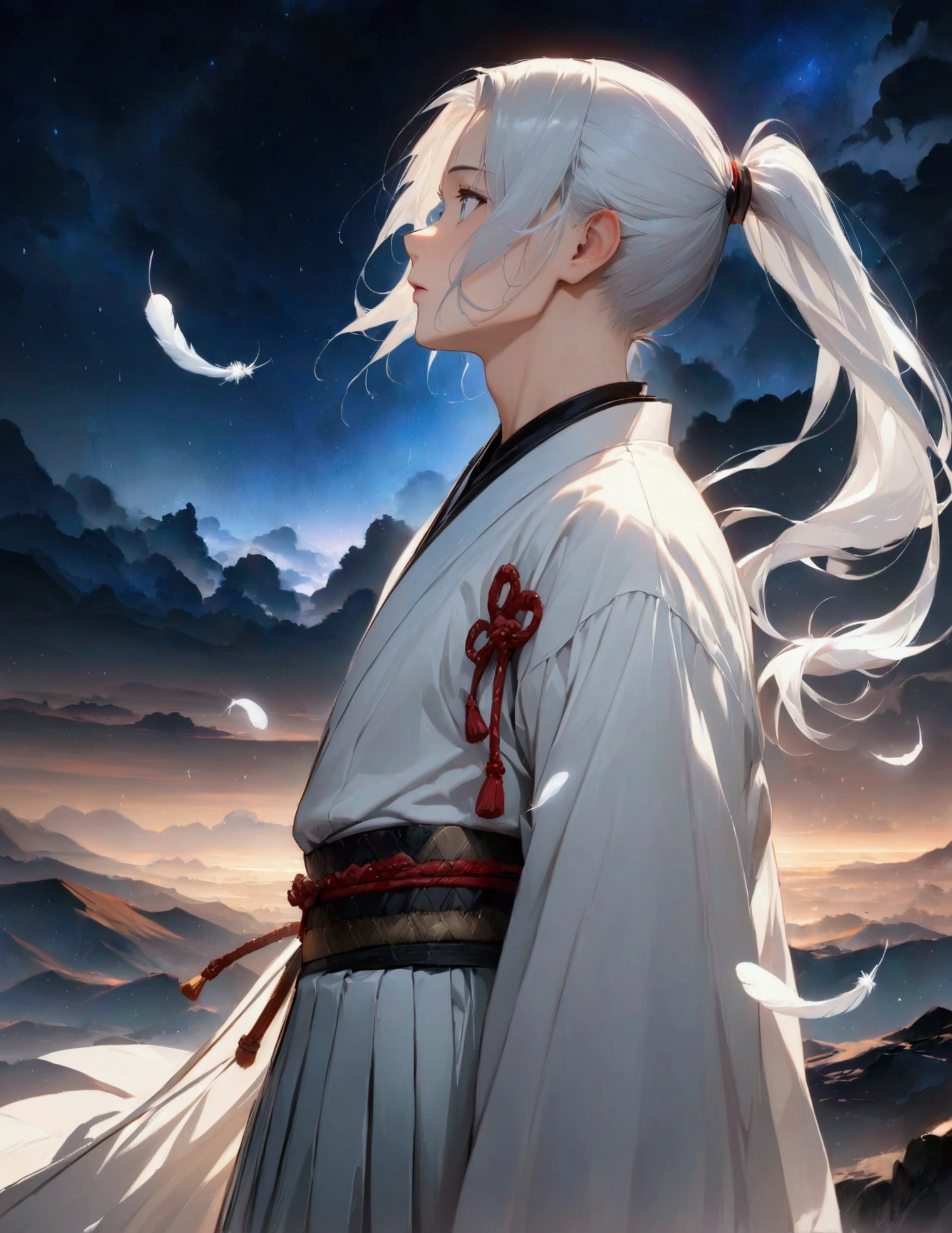 (masterpiece:1.3),(最high quality:1.4),(Very detailedな:1.5),High resolution,Very detailed,8k,artwork,High level of detail,rendering,high quality,Wide range of colors,Countless white feathers rain down,A breathtakingly beautiful nighttime space,Vivid light,((One Anime Guy))、(profile,Landscape),Cool handsome guy,Swordsman、(White Hair)、Long hair that reaches down to the waist is tied in a single ponytail、White Hakama、白いSwordsmanの服装、((samurai)),There's a sword on his waist、Looking up with a blank look。