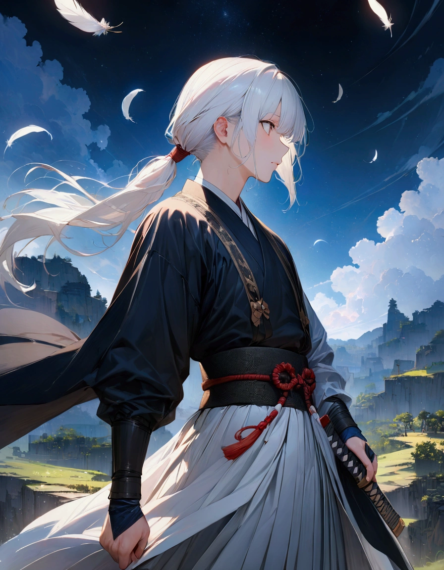 (masterpiece:1.3),(最high quality:1.4),(Very detailedな:1.5),High resolution,Very detailed,8k,artwork,High level of detail,rendering,high quality,Wide range of colors,Countless white feathers rain down,A breathtakingly beautiful nighttime space,Vivid light,((One Anime Guy))、(profile,Landscape),Cool handsome guy,Swordsman、(White Hair)、Long hair that reaches down to the waist is tied in a single ponytail、White Hakama、白いSwordsmanの服装、((samurai)),There&#39;s a sword on his waist、Looking up with a blank look。