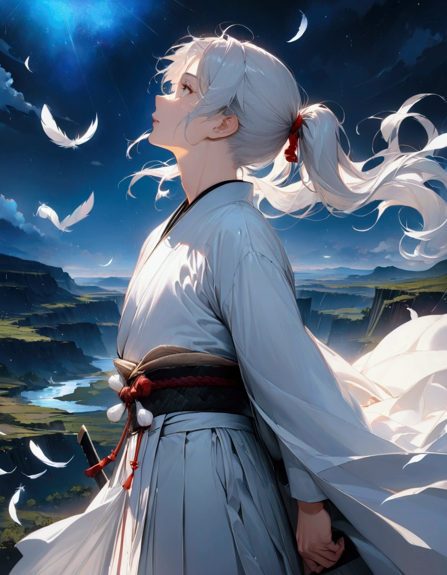 (masterpiece:1.3),(最high quality:1.4),(Very detailedな:1.5),High resolution,Very detailed,8k,artwork,High level of detail,rendering,high quality,Wide range of colors,Countless white feathers rain down,A breathtakingly beautiful nighttime space,Vivid light,((One Anime Guy))、(profile,Landscape),Cool handsome guy,Swordsman、(White Hair)、Long hair that reaches down to the waist is tied in a single ponytail、White Hakama、白いSwordsmanの服装、((samurai)),There's a sword on his waist、Looking up with a blank look。