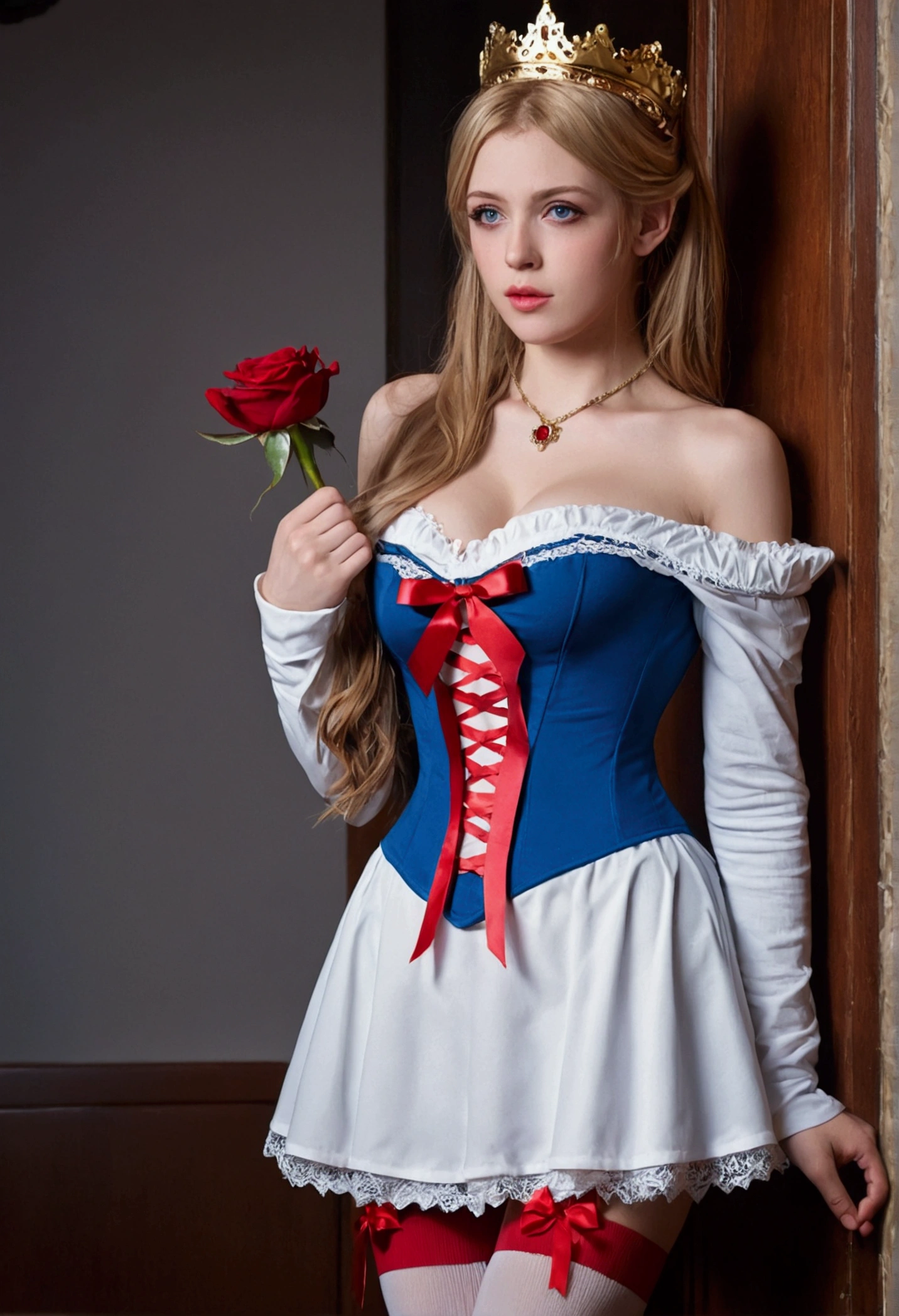 masterpiece,  Highest quality,One girl, (Warspite and),  alone, Long Hair, Mini Crown, blue eyes, Off-the-shoulder dress, Long sleeve, Knee socks, red ribbon, necklace, ribbon, hair band, Red Rose, Cleavage, Garter Straps, corset, Open your mouth, Exposing shoulders, Wat, holding Wat, Medium chest, Cleavage, Stained glass, Straight,