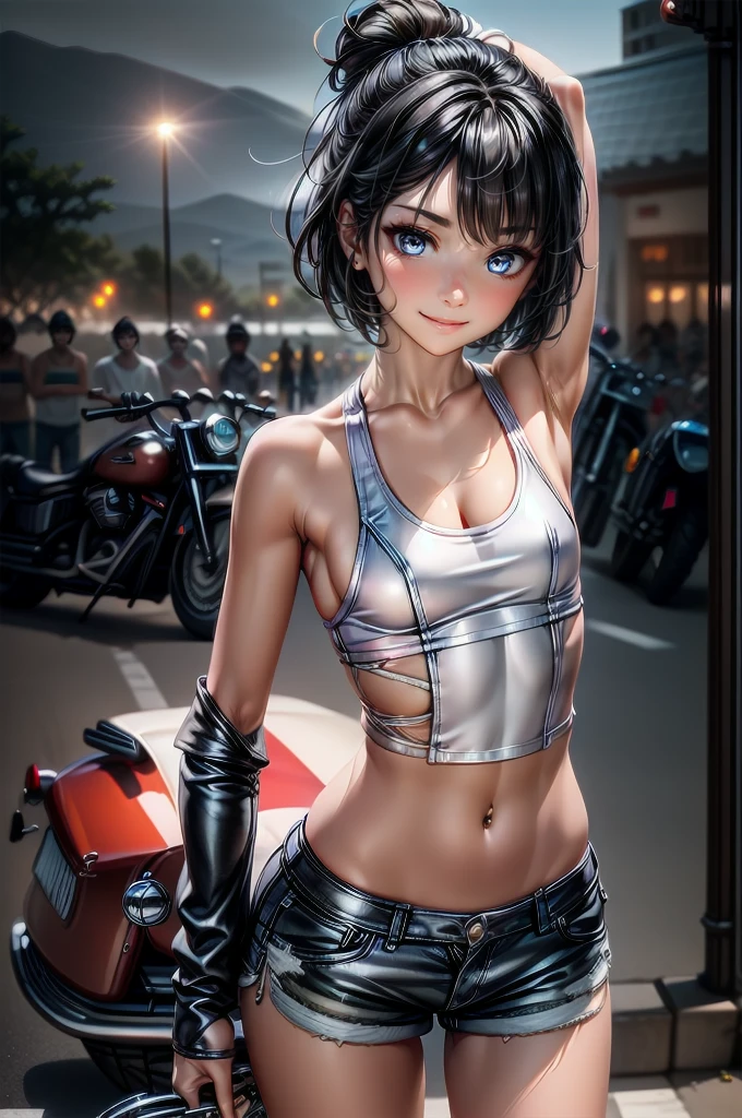 (cowboy shot), (Perfect Anatomy, top-quality, The ultra -The high-definition, high resolution, extremely detailed CG, 8K Unit Wallpapers), 26-year-old lady, solo, beautiful detailed eyes, black hair, short bob hair, blunt bang, (small breasts, statuesque slender body, athletic), gleaming skin, oily skin, (punk fashion, leather jacket, Tank top, micro shorts), (drive a motorcycle,Harley-Davidson), on road, Tokyo, at night