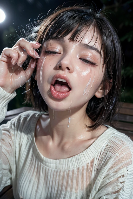 high quality, detailed,a girl with white water drops on her face.she is taking a shower,lots of white water droplets.(at night:2.0),green eyes.she is japanese bitch gal,prostitute,she has a mole under her eye,(smallest breasts),(wearing long sleeve white oversized knit dress,very very wet thin fabric knit,),blunt bangs,((bob hair,very wet hair and wet face,shiny face)),slender,face up,nipples,temptation
((she is facing directly upwards:1.4))
(((she opens her mouth very very wide and closes her eyes:1.2,tounge out)she looks very very painful and her cheeks are very red))((on the bench ))