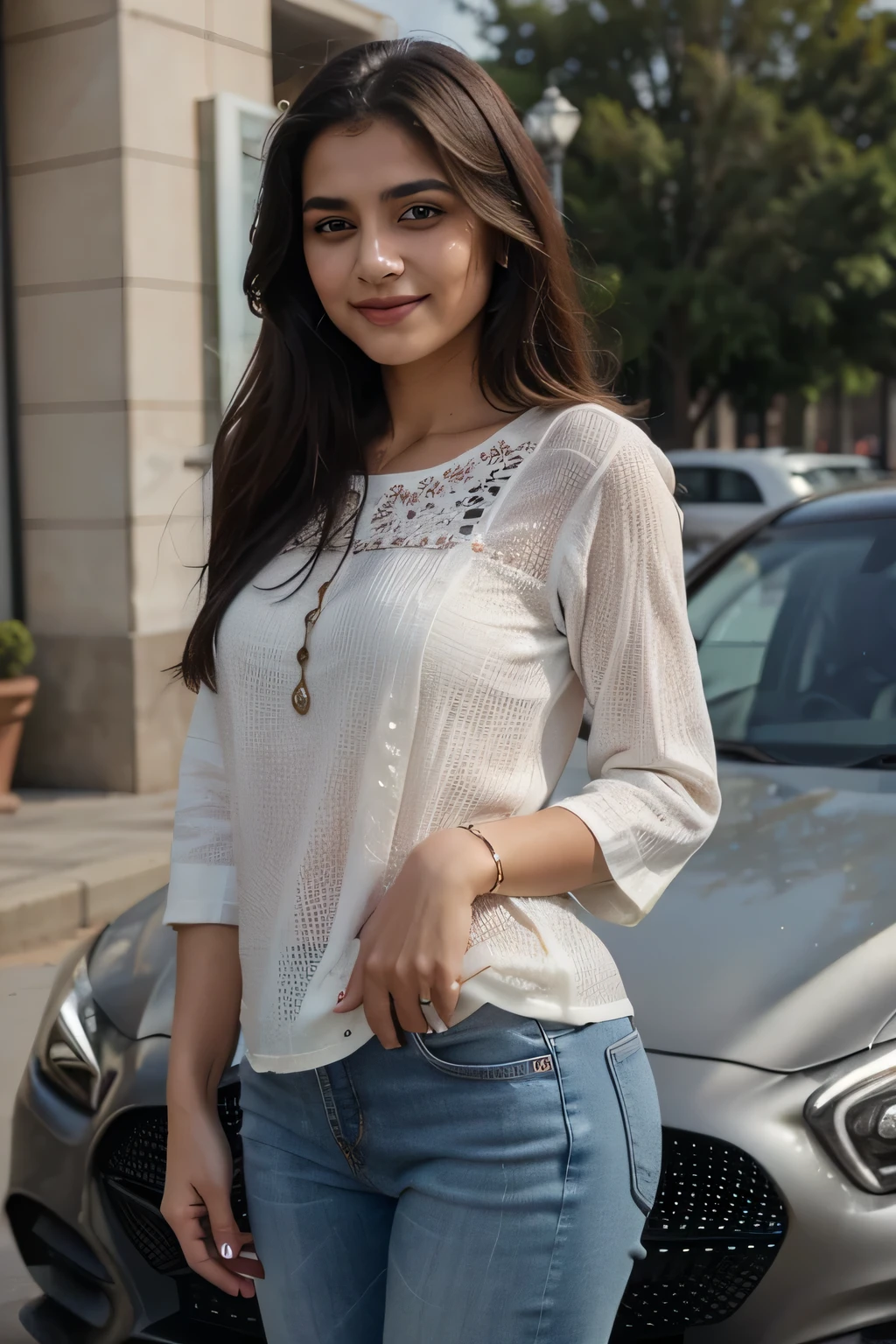 ((best quality)), ((masterpiece)), (detailed),
A 21 year old beautiful Indian girl with long hair smiling face beautiful eyes wearing a kurti dress and jeans pant standing in front of a Mercedes Benz car background