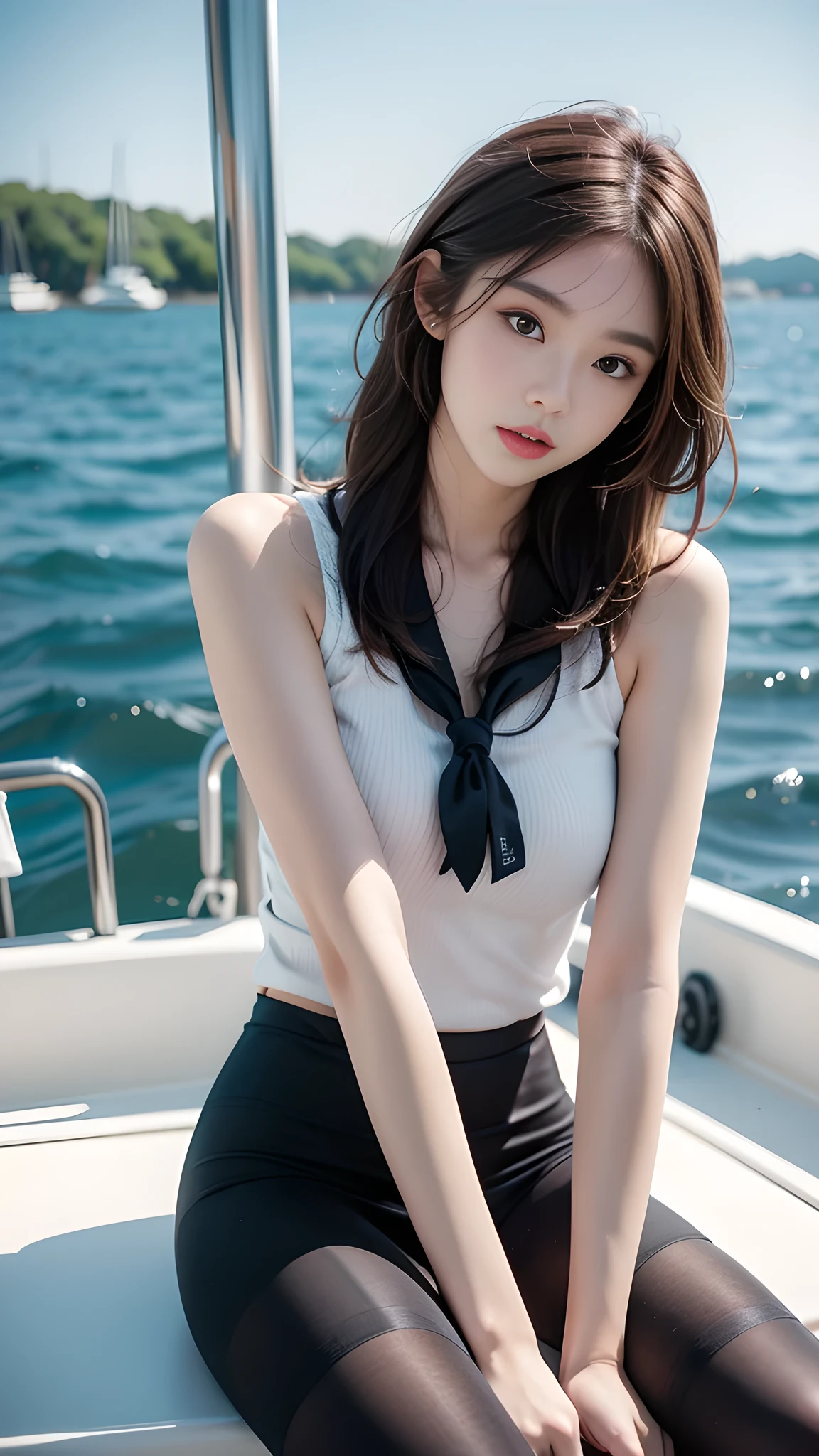 ulzzang-6500-v1.1, (RAW photo: 1.2), (Real photo), (Real photo: 1.4), 1 girl、Perfect anatomy、20 years old、Looking at the camera、Medium length hair、dress, skirt, on a boat, on the quiet sea there is only 1 boat, the waves are fierce, ((on a sailboat: 1.1))、(Hyperrealistic tights: 1.2), (Business service)、Asian eyes Ella,