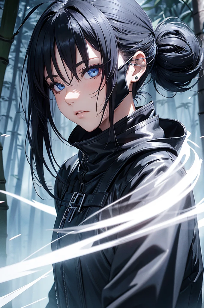 anime, female, ninja, bamboo forest, black hair tied back, half mask, piercing blue eyes, night time, fog, worn black leather clothing,