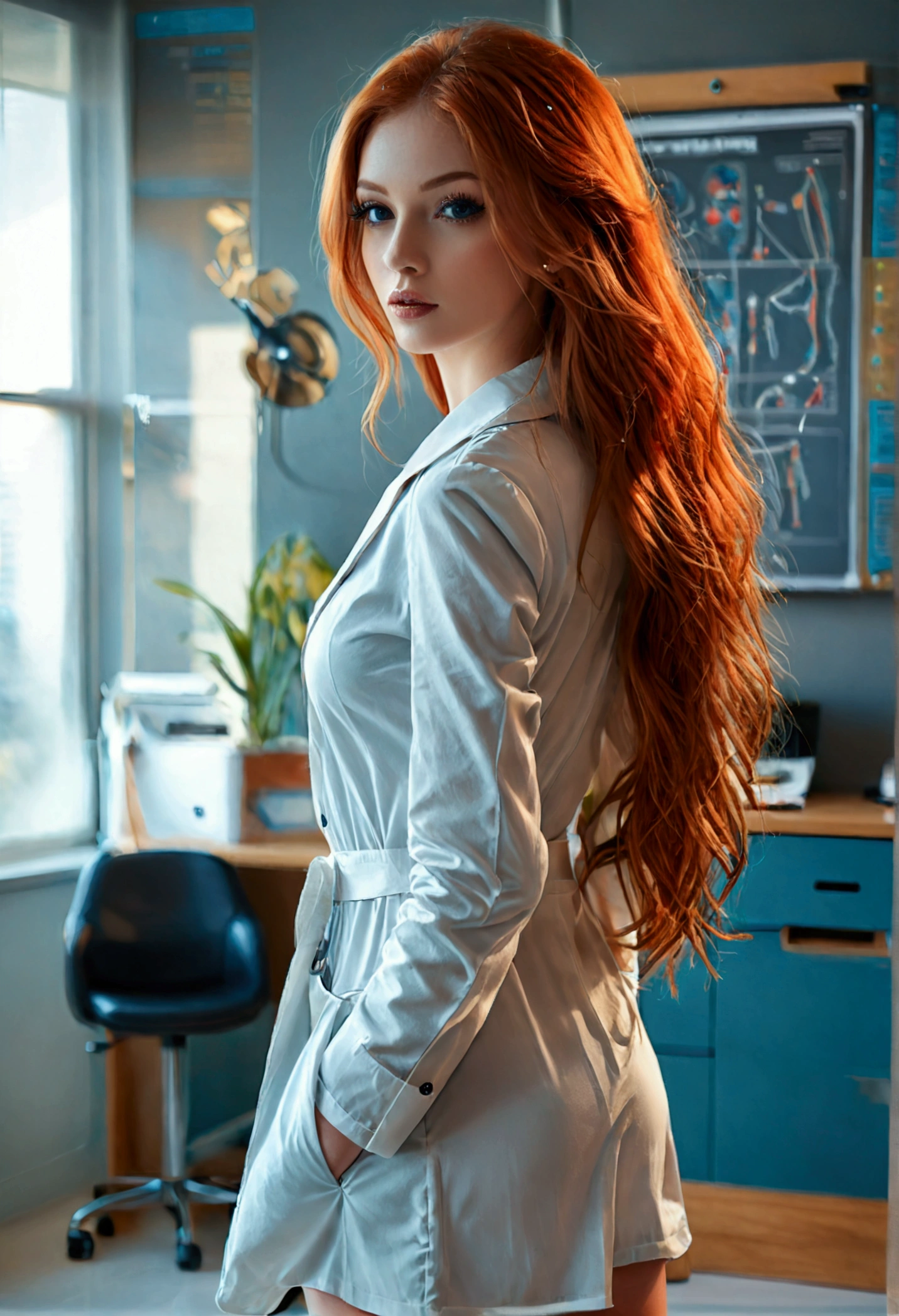 (full body shot:1.7) photorealistic image of a (standing pose:1.7) ultrarealistic, photography, long red hair, woman, 24 years old, hourglass figure, perfect body, Flirty look, natural medium breasts, blur background, wearing a doctors outfit, standing in a doctors office with a chart in her hands, she wears black high heels, long seductive legs, show legs, show her legs, long legs, show her feet, full body picture, full body shot, wide angle, wide angle shot, wide angle picture