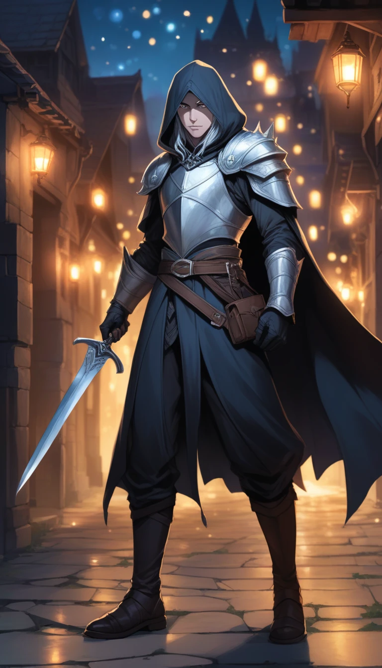 (1man, male, solo, Elf, Drow), (athletics, calm face expression), (silver straight hair, long haircut),
(Dungeons and Dragons, character), (Assassin), (walking),
(black jacket, black cape and hood, black pants, boots, gloves), (holding object, holding small knife),
(night king room background, dark room),
8K, RAW, best quality, ((masterpiece, best quality)), ultra high res, colorful, (medium wide shot), full body, (dynamic perspective), sharp focus, (depth of field, bokeh:1.3), extremely detailed eyes and face, beautiful detailed eyes,