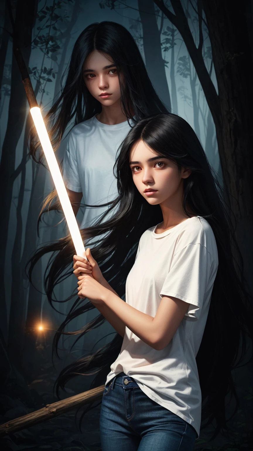 a digital illustration of a long black haired teenage girl holding a glowing stick. The girl is wearing a plain white t-shirt and jeans. the background is dark and spooky