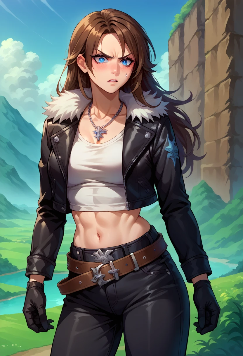 score_9, score_8_up, score_7_up, 1girl, solo, (female:1.5),female focus, female body, squall, necklace, brown hair, long hair, gloves, white shirt, blue eyes, shirt, black gloves, jacket, black jacket, fur trim jacket, black pants, belt,breasts, scar, diagonal scar, scar on face, parted bangs, angry, blushing, hand under clothes, fingering, looking down, standing, landscape,