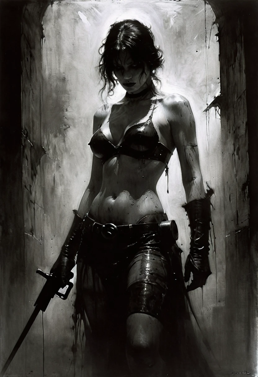 Deathpool in the style of Ashley Wood. Stephen Gammell. Frank Frazetta. masterpiece. Best quality. A beautiful cinematic impressionistic painting. Dark times, gothic. Chiaroscuro.
