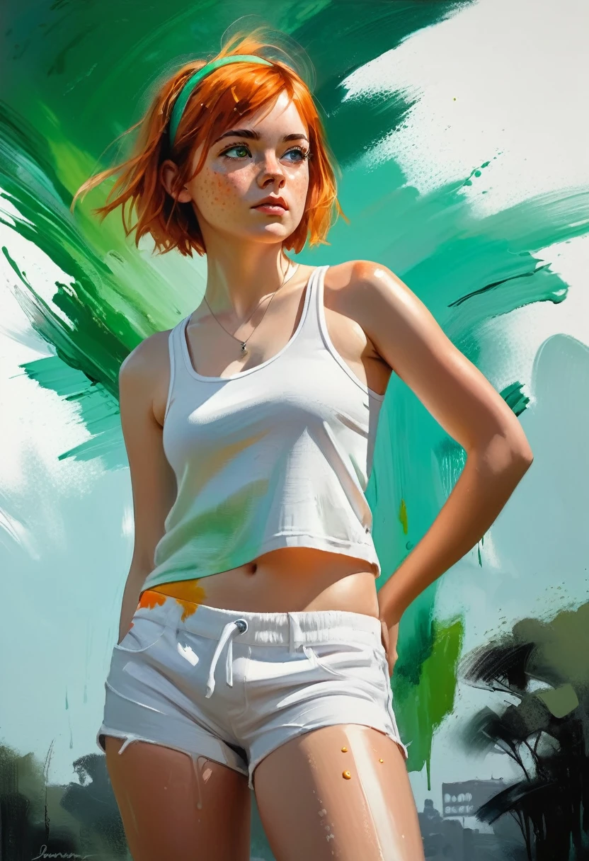 (Low angle shot)young girl Isabelmoner-smf Dora), (((Low angle shot))) (a glance at the low camera). (Hyperrealistic), Very short orange hair, green eyes, Freckles, Cute white Tank top, Mini Shorts, Sports, Sweaty, Medium Breasts, Aesthetics, ((oil painting)), (headband:0.75),(turquoise:0.2),(orange:0.2), (Jeremy Mann:0.5), (John Constable:0.1),(El Greco:0.5),(rough strokes of acrylic paint:0.75), 8K