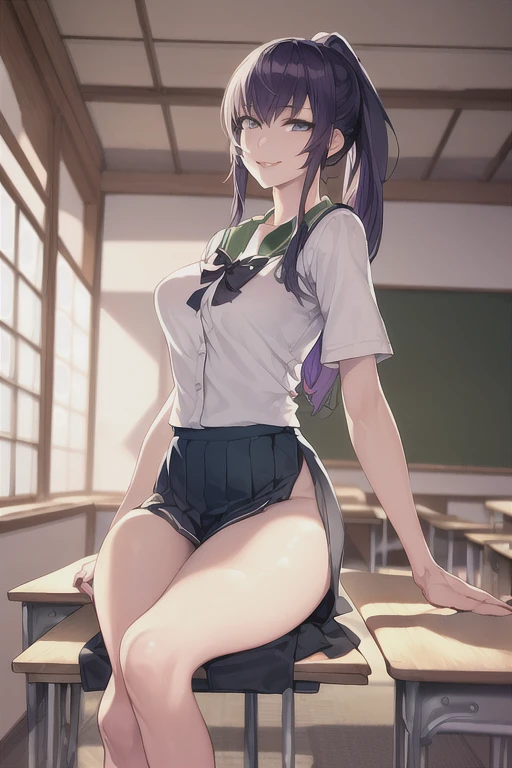 top quality, 32K, masterpiece, (raw photography, authentic, extremely detailed, professional photo, professional lighting, depth of field, sharp focus, POV, (from front view, correct anatomy:1.5), bujusima saeko, solo, purple hair, ponytail, highly detailed skin, shiny skin, dark and bright eyes, fairly detailed nose and lips, (light smile:1.3), ((sitting on a chair, crossed leg:1.5)), ((Japanese school uniform:1.4)), green mini skirt, visible breast cleavage, (slender, medium breast:1.4), high heels, (beautiful body, perfect body:1.5), (((indoor, classroom, school:1.1)))