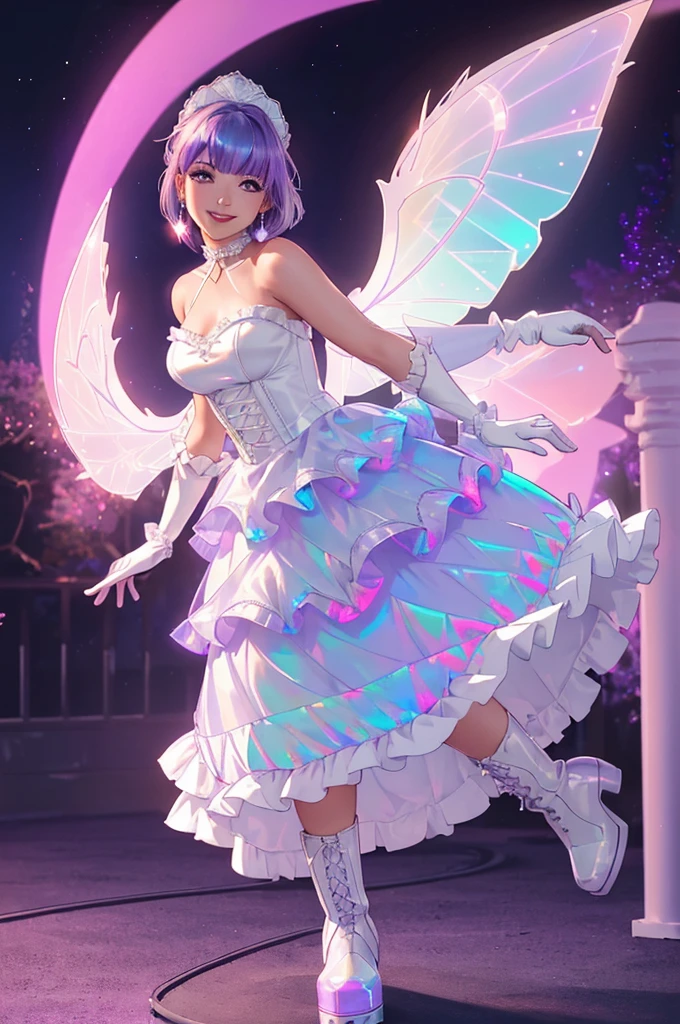 press my chest together、(((full body Esbian))),Standing picture、Outstanding style、beauty legs、Leather shoes、dynamicposes、, Younger、Gothic lolita, (((Light purple hair))), Purple eyes, (mascara), Blunt bangs, ((hair over eyes)), short hair, mixed pink hair、pink mesh color、medium breasts, frilld,white frills, White theme, (A shiny white dress that looks like a hologram:1.5), ((iridescent crinoline, Multi-layer skirt that shines in white):1.4), (Gothic lolita:1.2), (lace-up:1.2), ((Sleeveless, Bare shoulders):1.2), (iridescent fairy wings:1.3), BREAK (Platform High Boots:1.1), (Long gloves:1.2), ((earrings, Riman):1.2), faithfully, (((Eye focus))), (((a smile))), the background is blurred, Empty eyes, Purple Theme、view the viewer, (((Night))), (((hair adornments)))