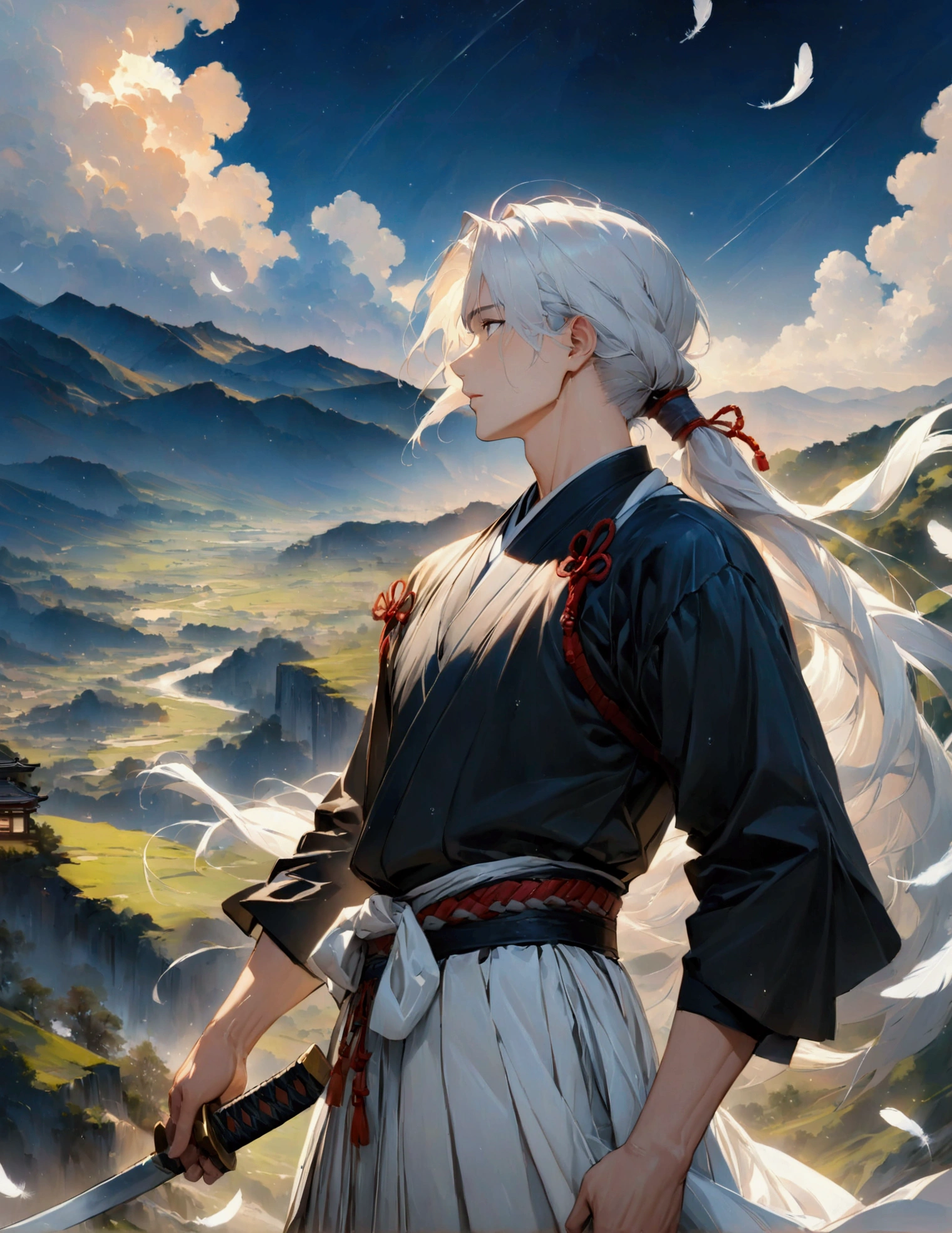 (masterpiece:1.3),(最high quality:1.4),(Very detailedな:1.5),High resolution,Very detailed,8k,artwork,High level of detail,rendering,high quality,Wide range of colors,Countless white feathers rain down,A breathtakingly beautiful nighttime space,Vivid light,((One Anime Guy))、(profile,Landscape),Cool handsome guy,Swordsman、(White Hair)、Long hair that reaches down to the waist is tied in a single ponytail、White Hakama、白いSwordsmanの服装、((samurai)),There's a sword on his waist、Looking up with a blank look。