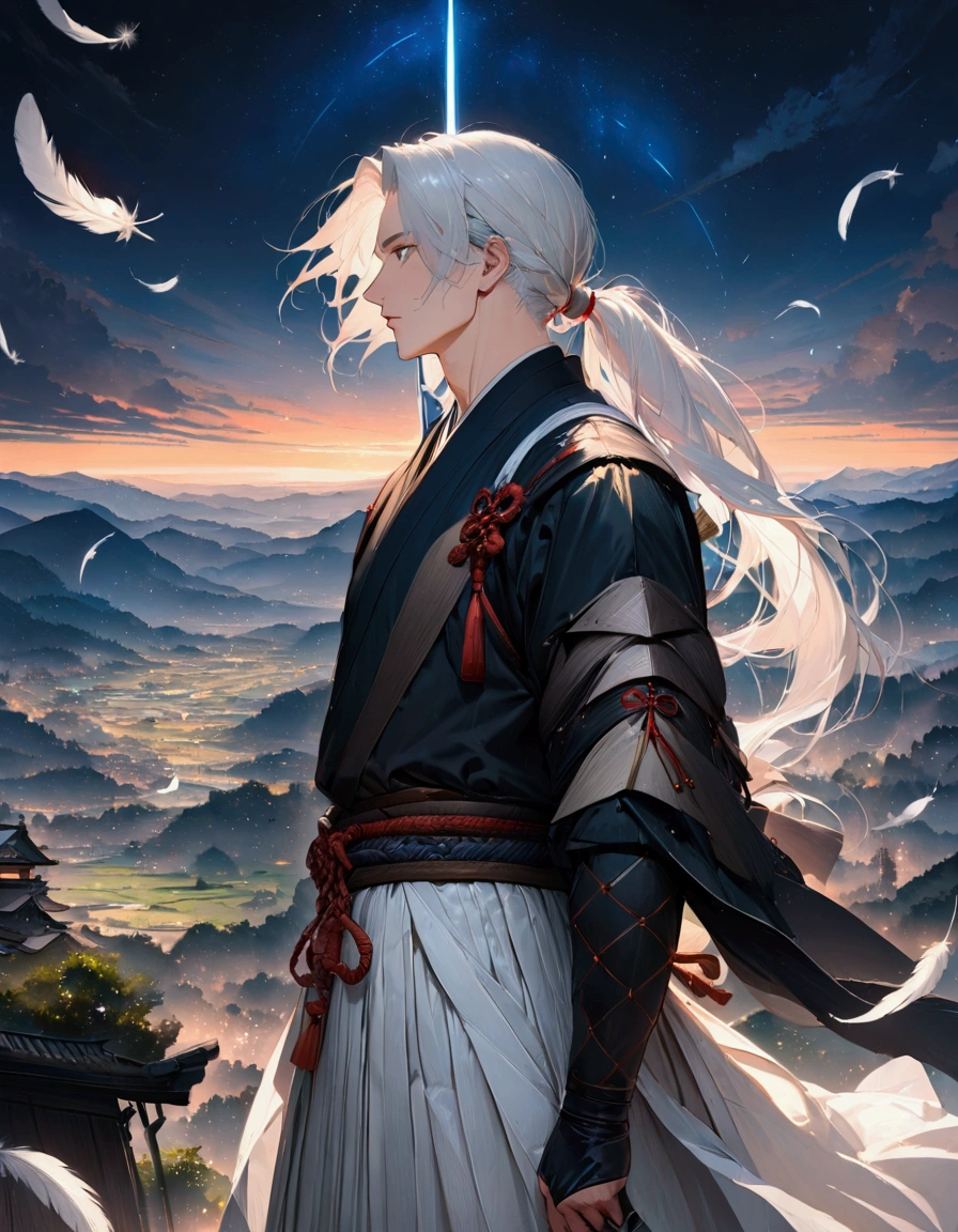 (masterpiece:1.3),(最high quality:1.4),(Very detailedな:1.5),High resolution,Very detailed,8k,artwork,High level of detail,rendering,high quality,Wide range of colors,Countless white feathers rain down,A breathtakingly beautiful nighttime space,Vivid light,((One Anime Guy))、(profile,Landscape),Cool handsome guy,Swordsman、(White Hair)、Long hair that reaches down to the waist is tied in a single ponytail、White Hakama、白いSwordsmanの服装、((samurai)),There's a sword on his waist、Looking up with a blank look。