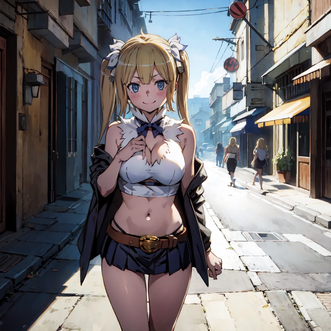 best quality,ultra-detailed,high resolution,extremely detailed CG,perfect anatomy,detailed,cinematic lighting,beautiful detailed eyes,ultra high res,pov,1girl,MILF,milf,gleaming skin,oil skin,large breasts,wide hips,skindantation,sweat,humid,clothed,curvy, (night:1.1),(moody lighting:1.3),blue red pink white,dashed eyes,(cosplay:1.8),bra,nsfw,(Lift up the skirt:1.4),(panties visible:1.3),(cameltoe:1.2),(love juice:0.7),
frown,angry,contemptuous,disdain,hate,(blush:0.4),looking down,elegant,active angle,dynamism pose